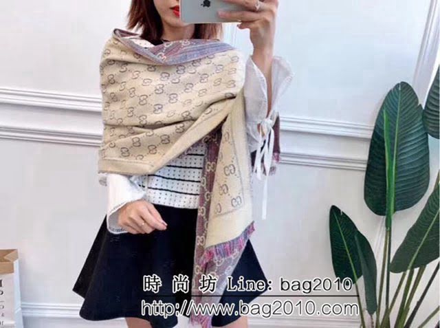 GUCCI古馳 冬季新款綠紅羊毛混紡條紋圍巾 可做披肩 LLWJ6486